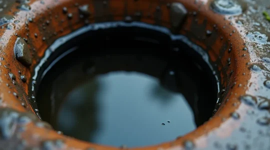 Détail macro d'eau stagnante dans un drain de canalisation domestique, éclairage naturel cinématographique, textures de surface réalistes