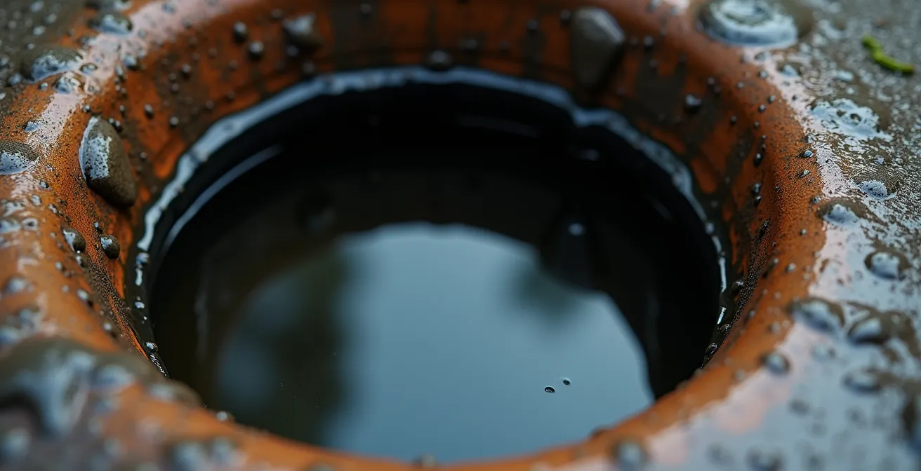 Détail macro d'eau stagnante dans un drain de canalisation domestique, éclairage naturel cinématographique, textures de surface réalistes