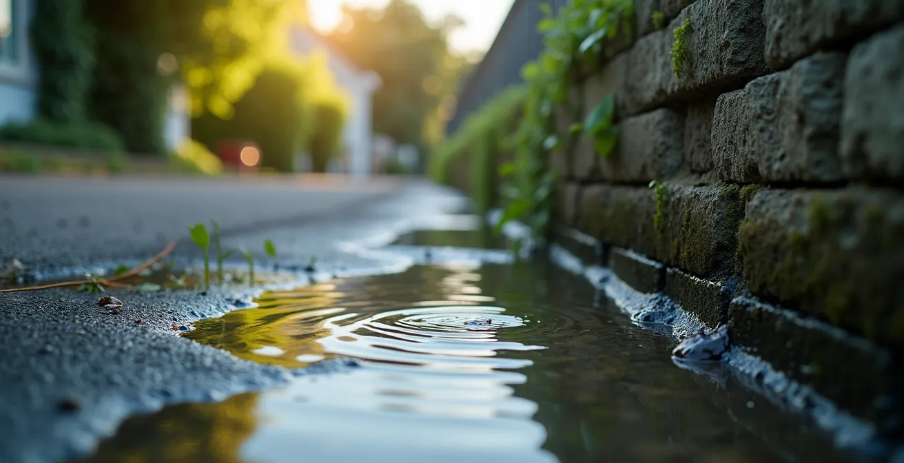 Eau stagnante visible en contrebas d'un mur extérieur d'une maison urbaine