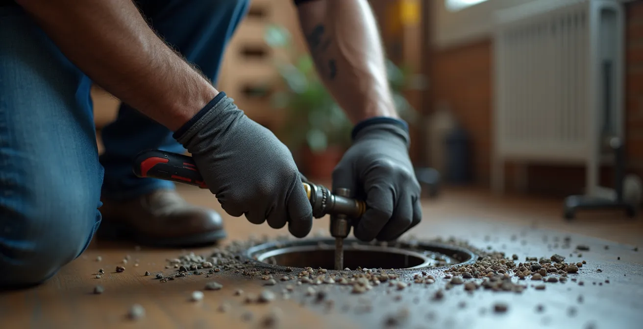Plombier professionnel intervenant sur un drain bouché dans une maison à Laval, vue intérieure avec outils métalliques et éclairage technique