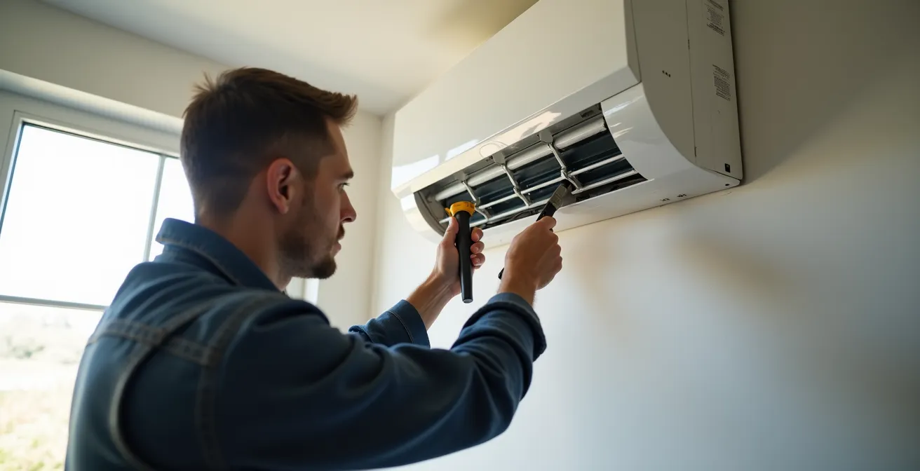 Technicien ajustant minutieusement une thermopompe murale, concentration et expertise