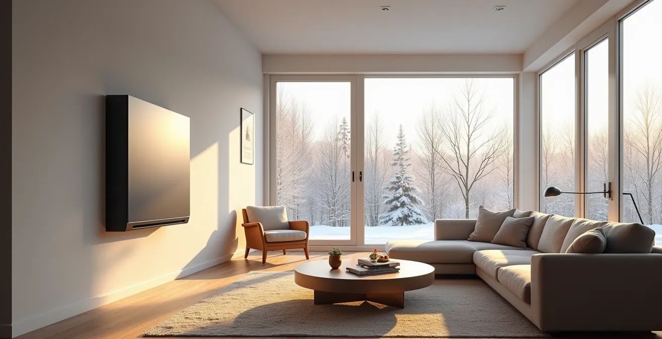 Salon québécois moderne avec thermopompe murale, ambiance hivernale chaleureuse et minimaliste