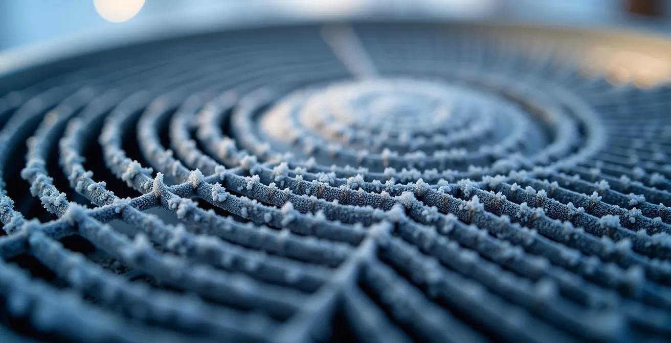 Détail macro d'une unité extérieure de thermopompe avec cristaux de givre, texture métallique