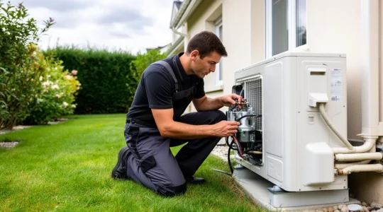 Technicien inspectant une unité extérieure de pompe à chaleur Daikin