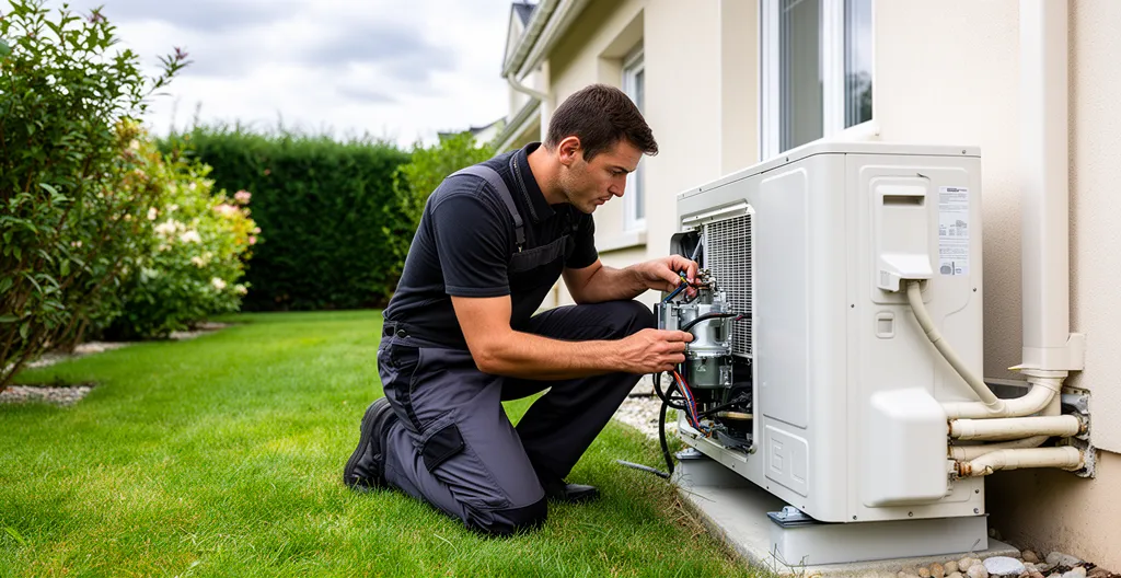 Technicien inspectant une unité extérieure de pompe à chaleur Daikin