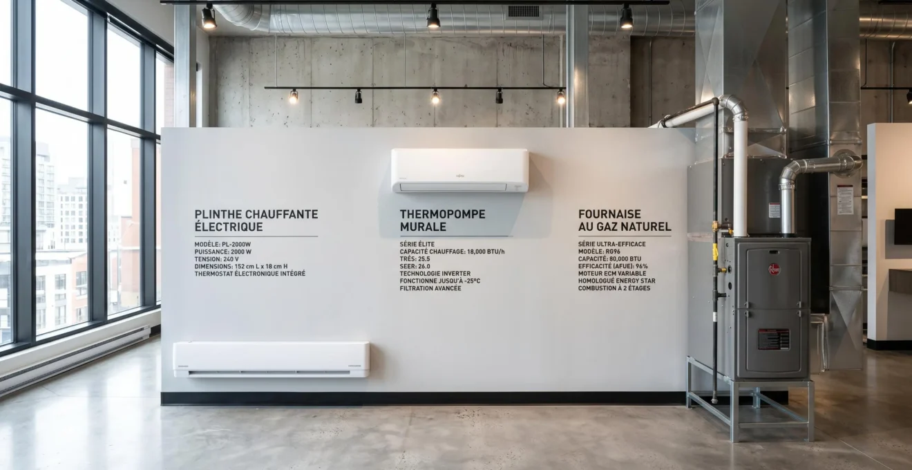 Showroom présentant côte à côte trois systèmes de chauffage : plinthe électrique, thermopompe murale et fournaise au gaz naturel, avec étiquetage technique en français