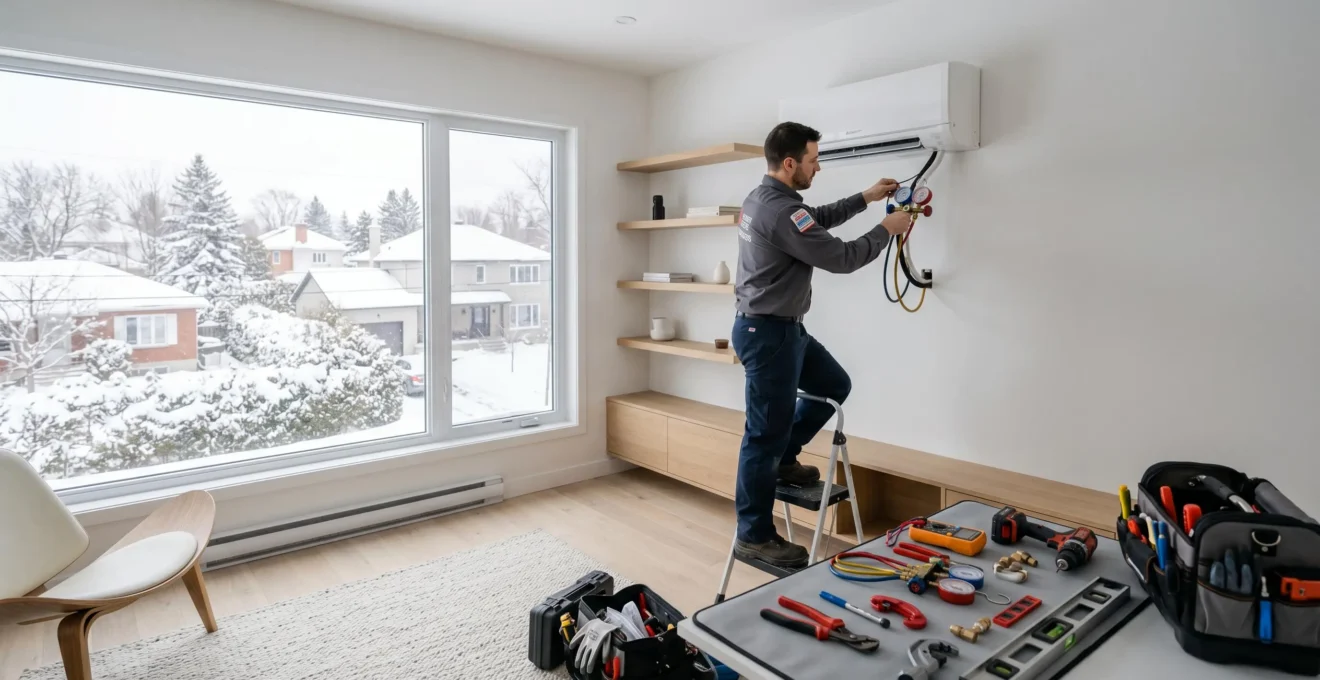 Technicien qualifié installant une thermopompe murale dans une résidence du Grand Montréal, avec paysage hivernal visible par la fenêtre