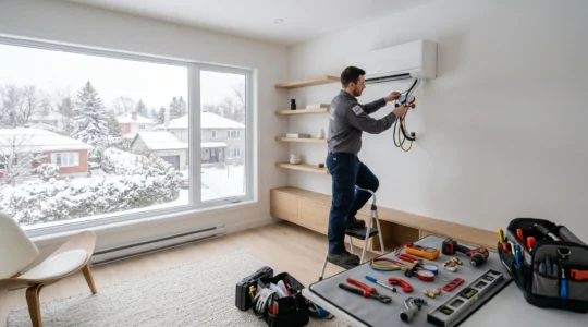 Technicien qualifié installant une thermopompe murale dans une résidence du Grand Montréal, avec paysage hivernal visible par la fenêtre