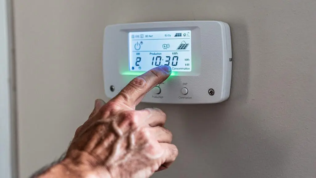 Main pointant un compteur électrique intelligent affichant production et consommation solaire