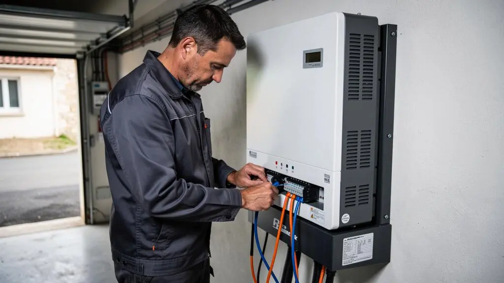 Technicien installant une batterie de stockage domestique pour système photovoltaïque