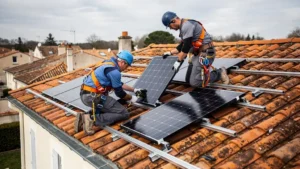 Installateurs professionnels montant des panneaux photovoltaïques sur une toiture résidentielle française