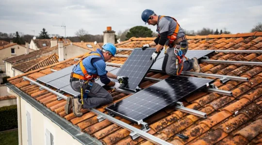 Installateurs professionnels montant des panneaux photovoltaïques sur une toiture résidentielle française