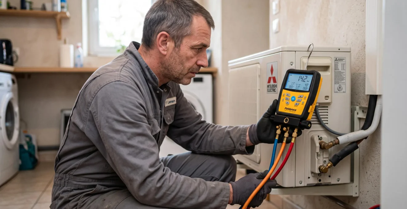 Un chauffagiste contrôle la pression du circuit frigorifique d'une pompe à chaleur avec un manomètre digital.