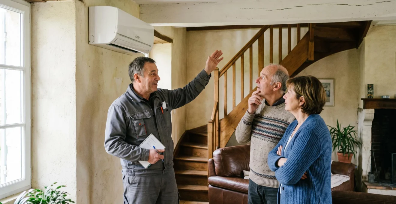 Un chauffagiste explique l'installation d'un split mural à un couple de propriétaires dans leur salon.