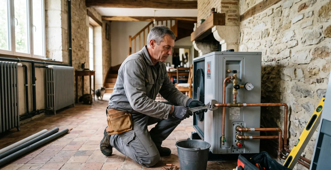 Un chauffagiste raccorde une pompe à chaleur air/eau au circuit de chauffage central dans le salon d'une maison ancienne en pierre.