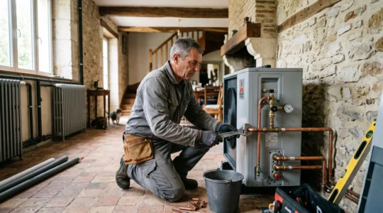 Un chauffagiste raccorde une pompe à chaleur air/eau au circuit de chauffage central dans le salon d'une maison ancienne en pierre.